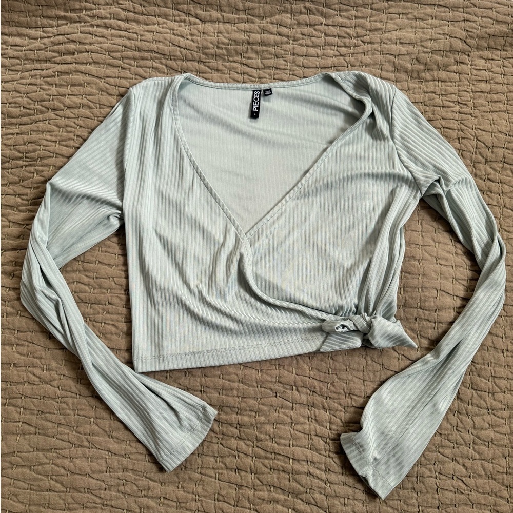 Sea Foam Green Wrap Crop Long Sleeve Top